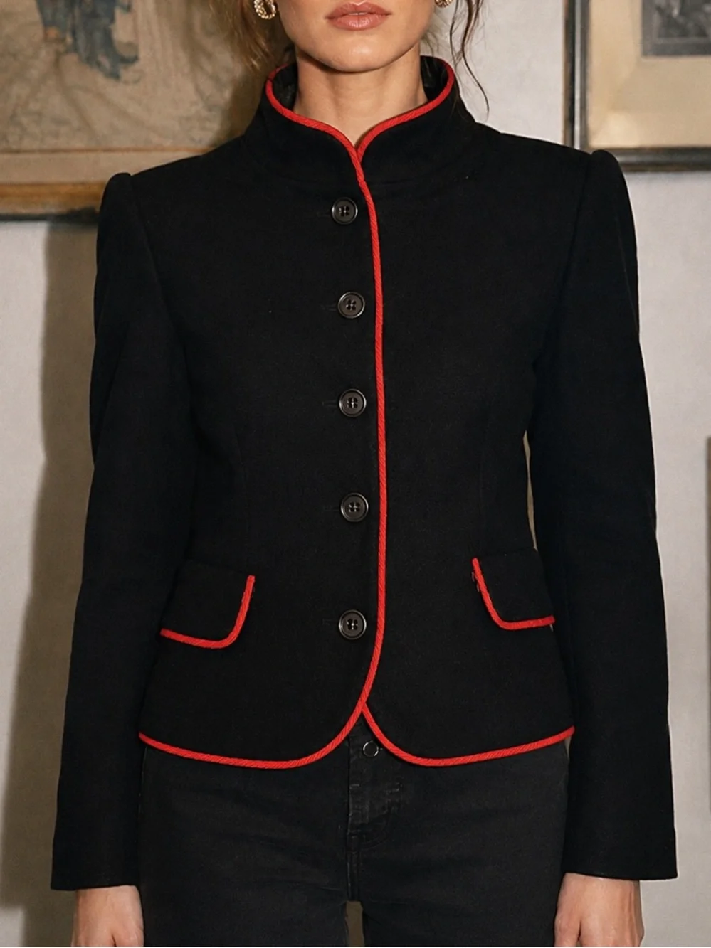 Vintage 60’s Handmacher 100% Wool Black Red Piping Blazer Jacket Size 6 EUC